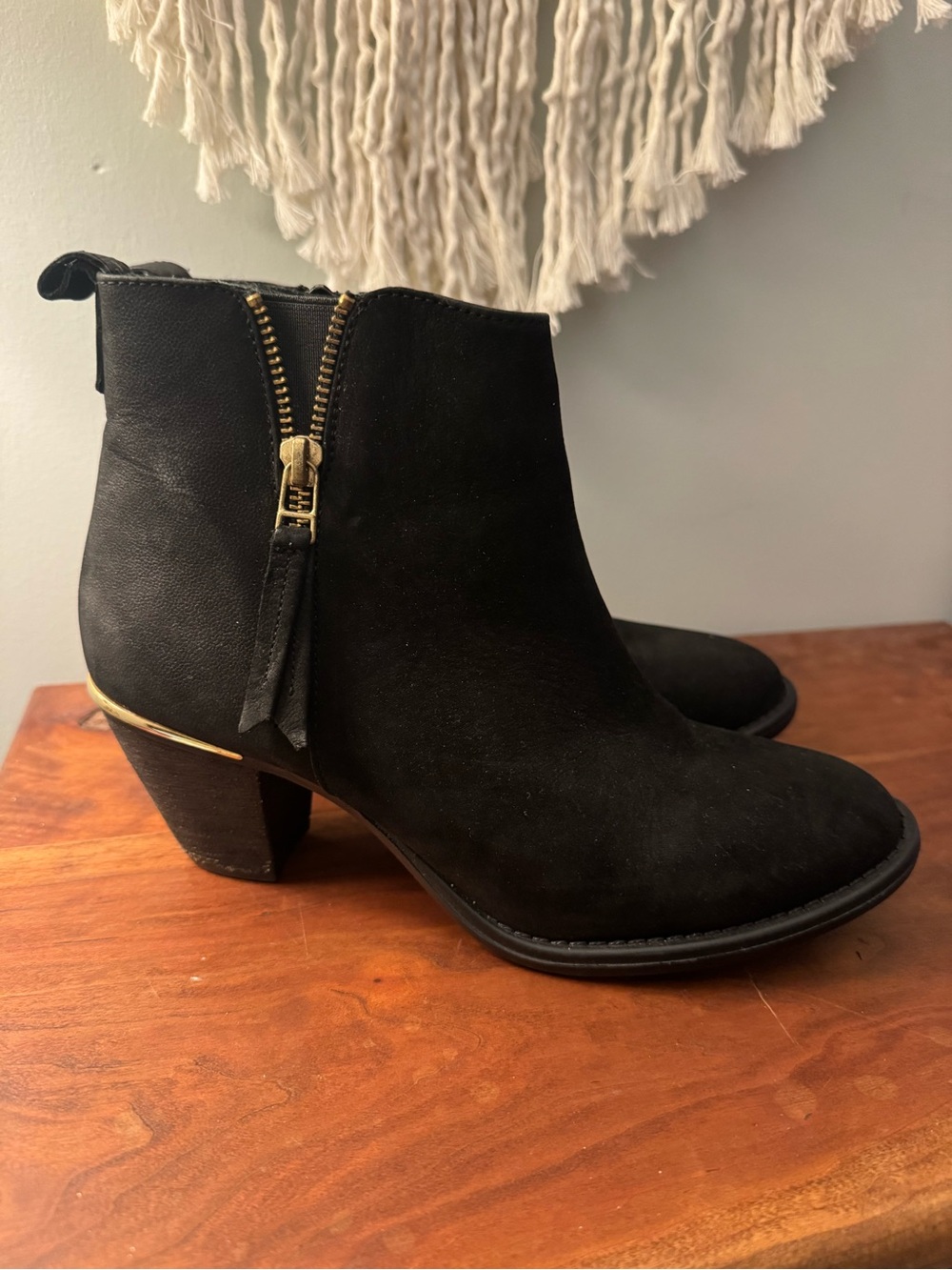 Steve Madden Black Suede Ankle Boot with Gold Zip Detail